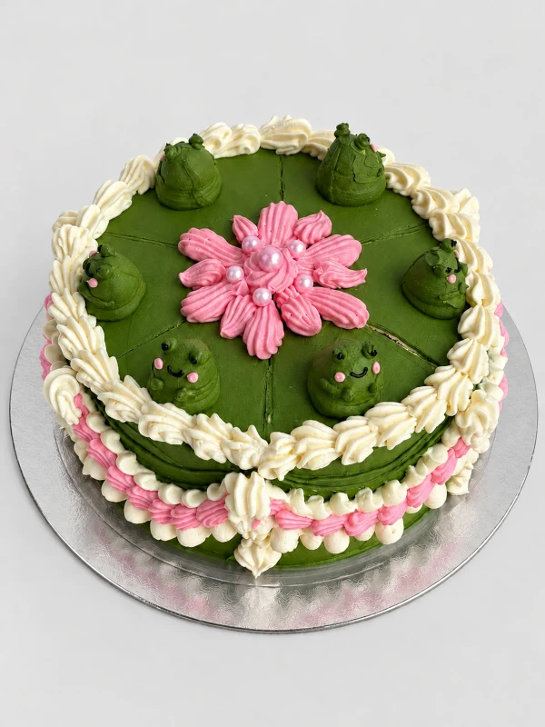 Торт "Frog cake" — Торт «Frog cake» — зелёный винтажный дизайн с розовой кремовой ромашкой, лягушками и нарядным кантом.